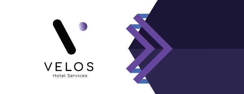 Velos Hotel Services logo with abstract purple and black design elements on a white and dark background.